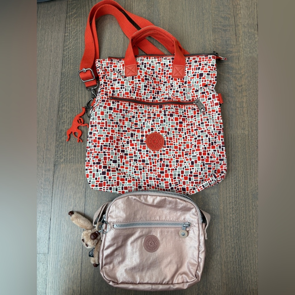 Kipling Mosaic Red and Metallic Pink Bag Set